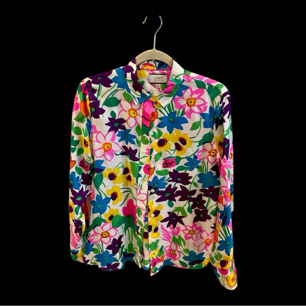 J Crew Vibrant Garden Slim Fit Silk Shirt